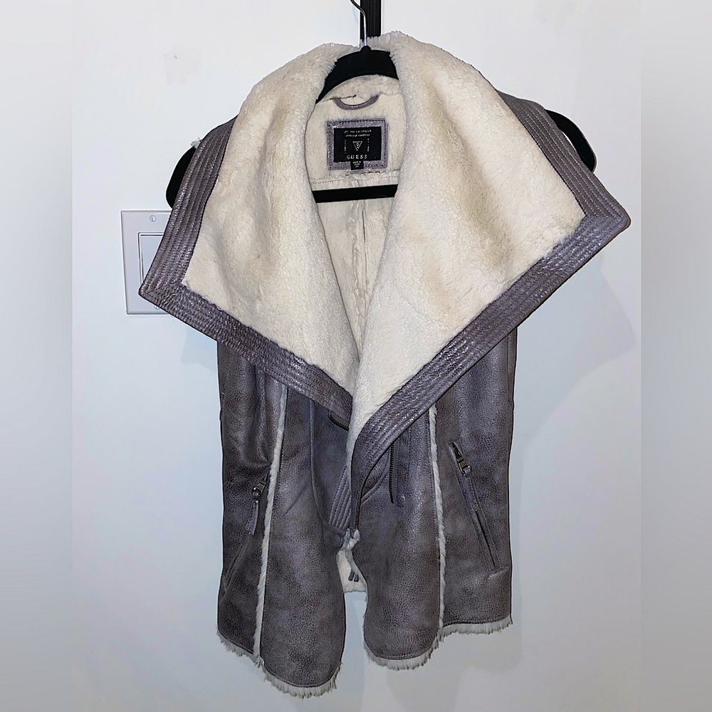 Guess Grey Vest Faux Fur & Suede